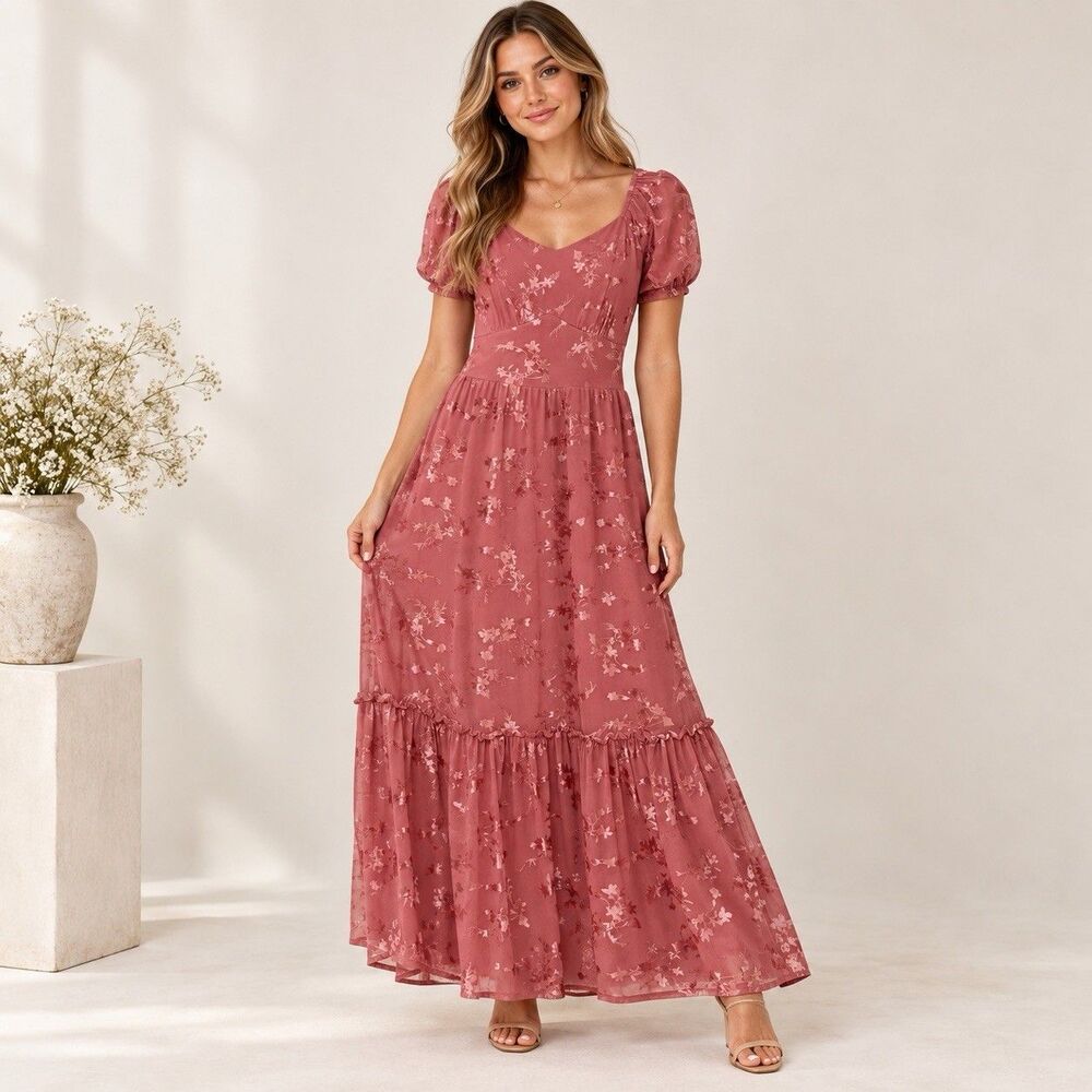 Ember Womens S Dusty Rose Floral Tiered Maxi Dress Puff Sleeve Smocked Elegant